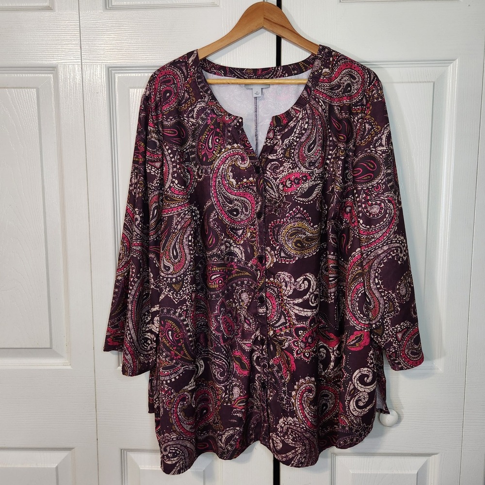 Catherines Womens 2X Paisley Tunic Blouse Plum Pink 3/4 Roll Tab Sleeve Top